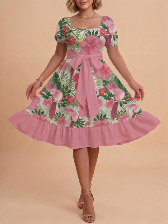 Damen Sommerkleid mit floralem Puffärmel und taillierbarem Gürtel R&B