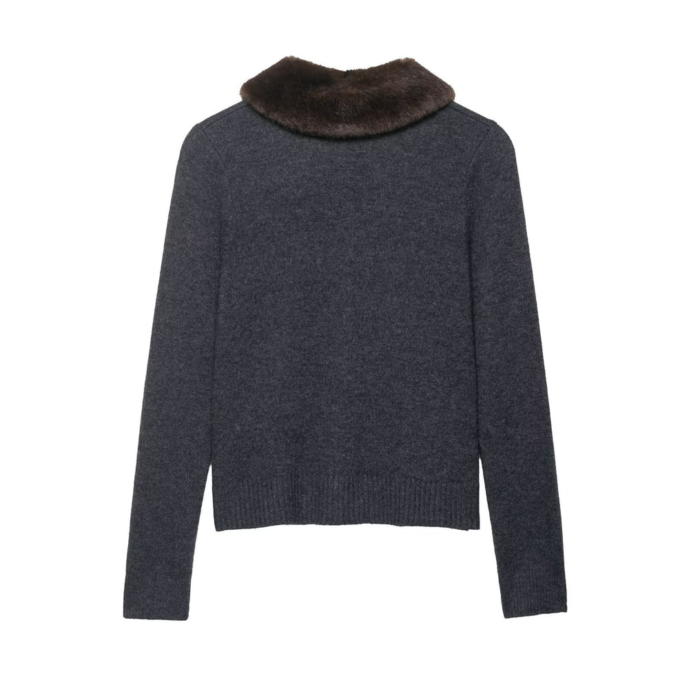 Damen elegante Strickjacke mit abnehmbarem Kragen R&B