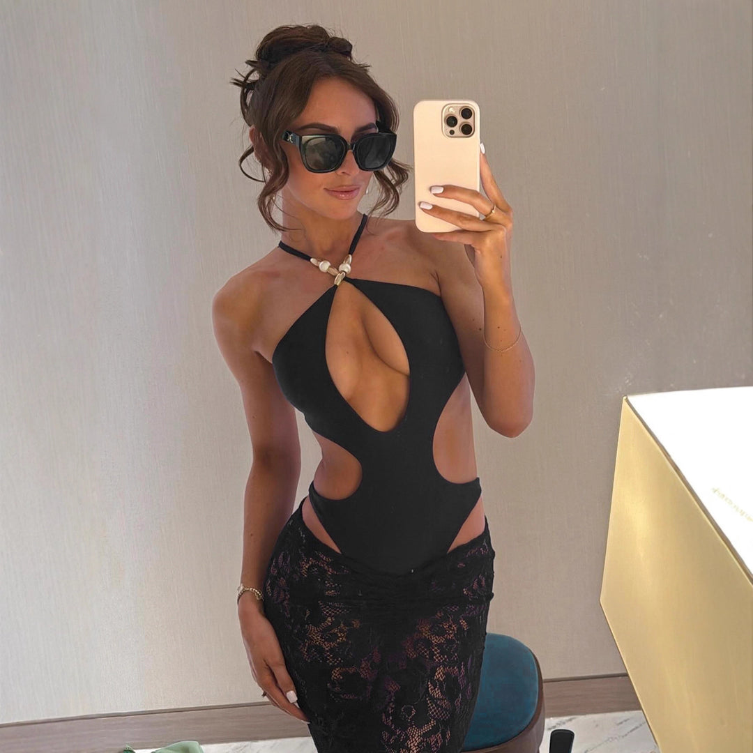 Damen Cut-Out Badeanzug mit Raffungen und verstellbaren Trägern R&B