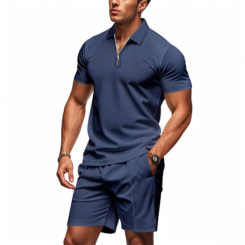 Herren Sportliches Kurzarm-Set mit teils strukturiertem Design und durchgehendem Reißverschluss R&B