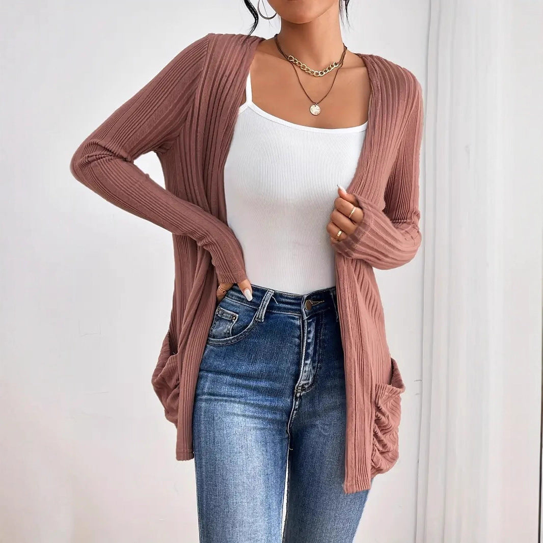 Damen Strickjacke mit vertikalem Rippdesign und praktischen Taschen R&B