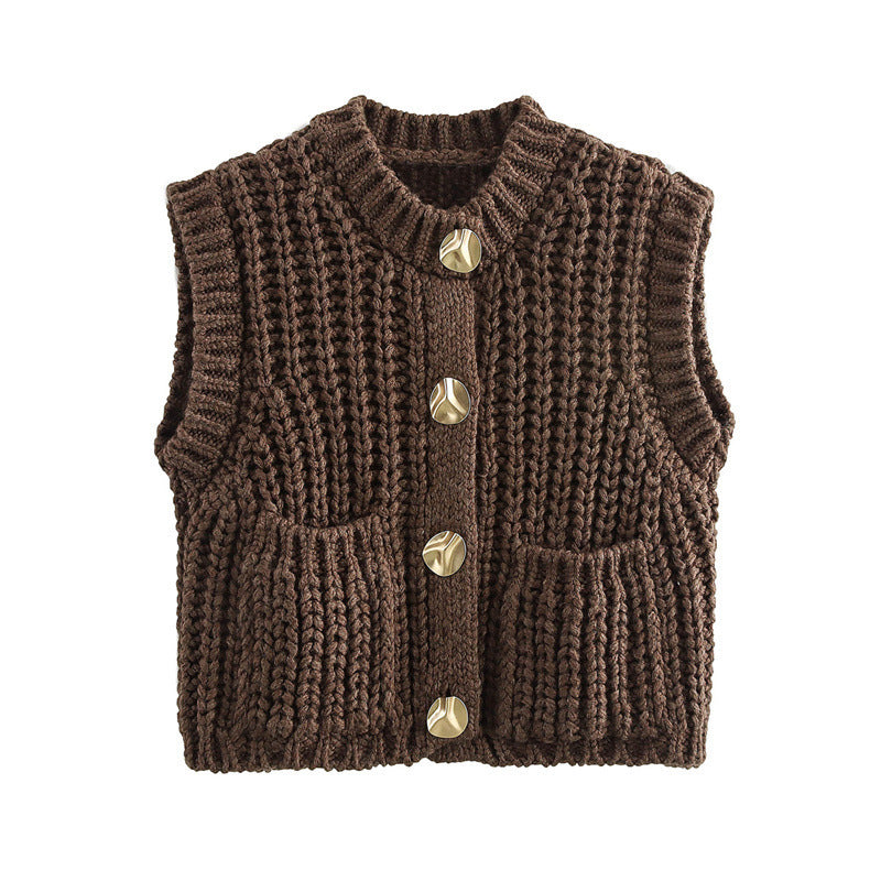 Damen Strickweste mit Knopf und Taschen R&B