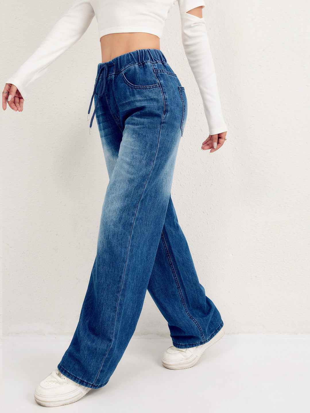 Damen weite Denim-Hose mit elastischem Bund und lässigem Schnitt R&B