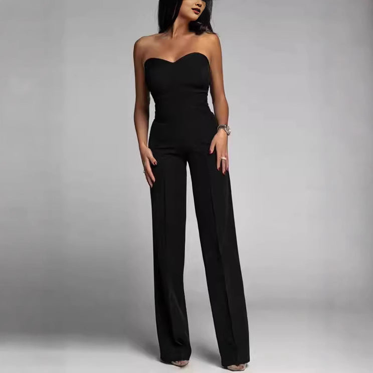 Damen eleganter Jumpsuit mit schulterfreiem Design und weitem Bein EB