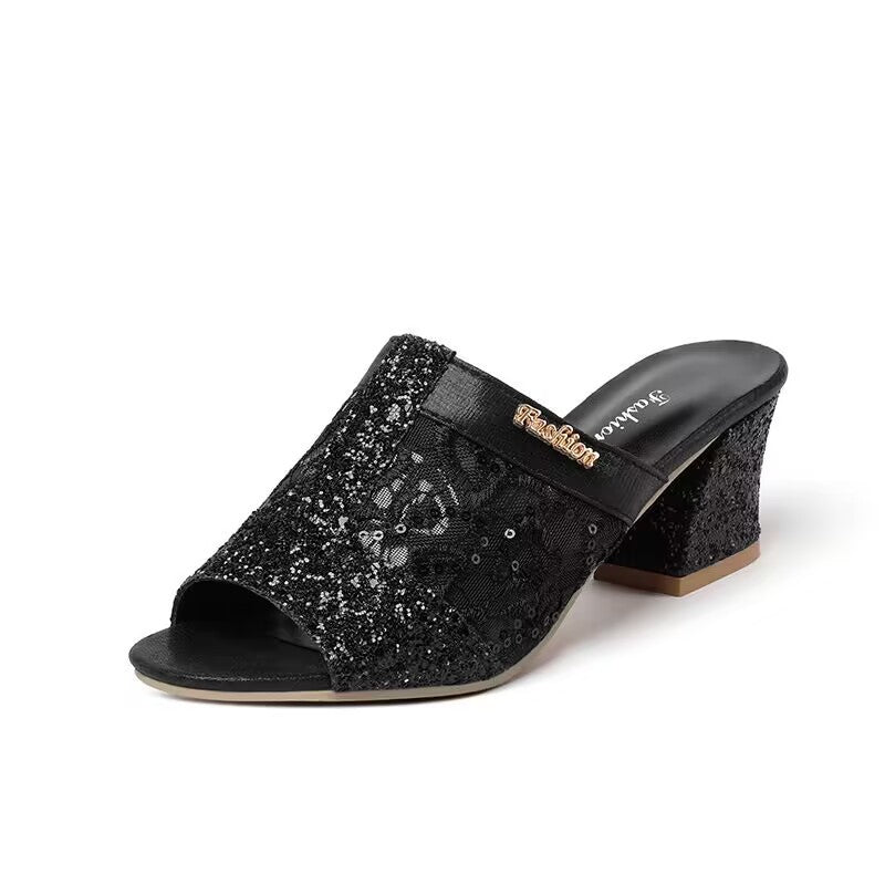 Damen nan elegante offene Pantolette mit feinem Netz, funkelnden Applikationen und mittelhohem Blockabsatz R&B