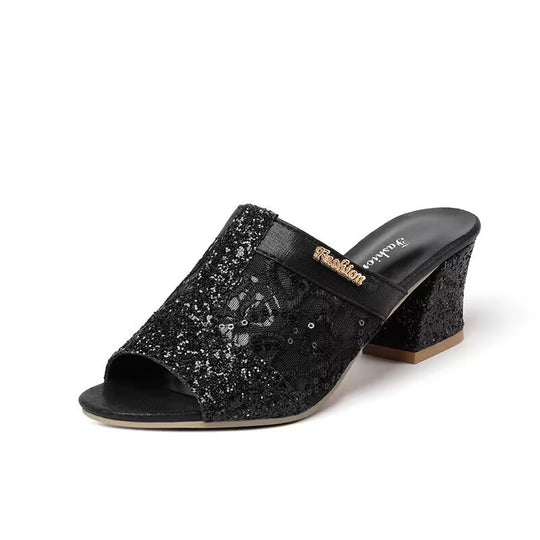 Damen nan elegante offene Pantolette mit feinem Netz, funkelnden Applikationen und mittelhohem Blockabsatz R&B