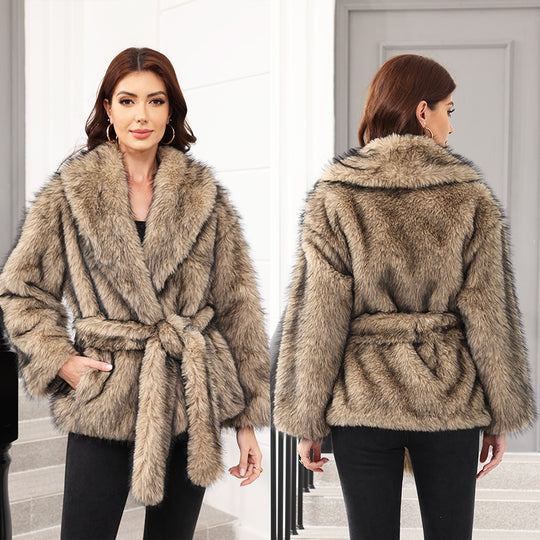 Damen Eleganter Kunstpelzmantel mit Gürtel und breitem Revers R&B
