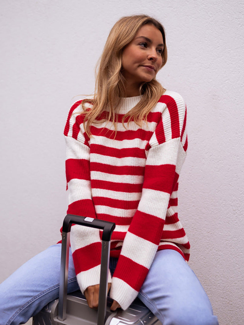 Damen lässiger Streifenpullover mit weitem Schnitt und gemütlichem Material R&B
