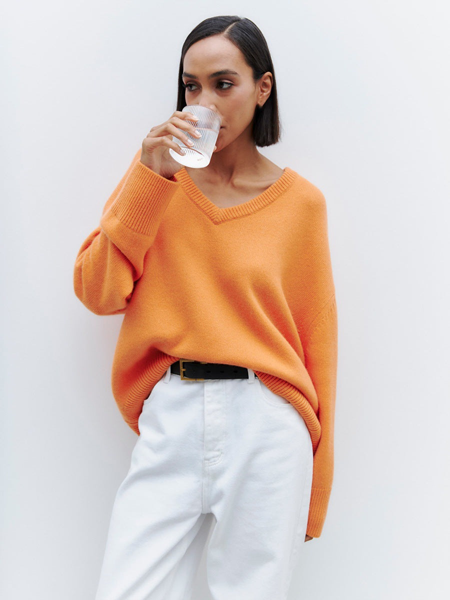 Damen Oversized V-Ausschnitt Strickpullover R&B