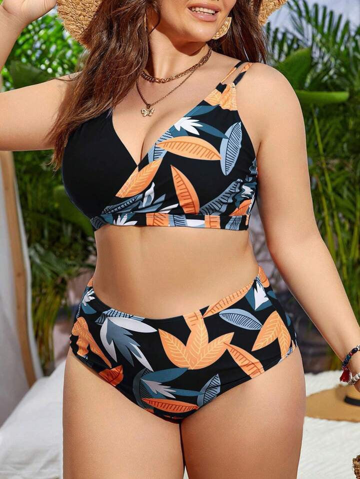 Damen Hochgeschnittener Bikini mit Wickeldesign und floralem Muster R&B