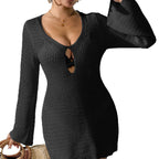 Damen luftiges Strickkleid mit tiefem V-Ausschnitt und modischem Schlitz R&B
