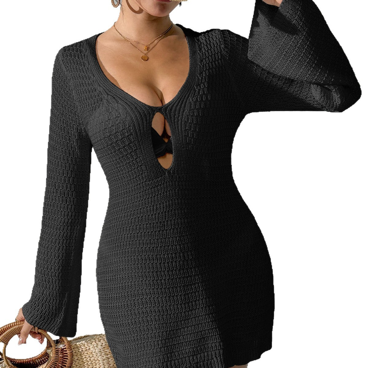 Damen luftiges Strickkleid mit tiefem V-Ausschnitt und modischem Schlitz R&B