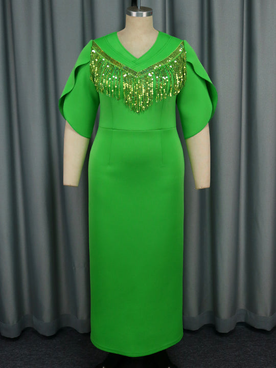 Damen Glamouröses Maxikleid mit funkelndem Fransenkragen R&B
