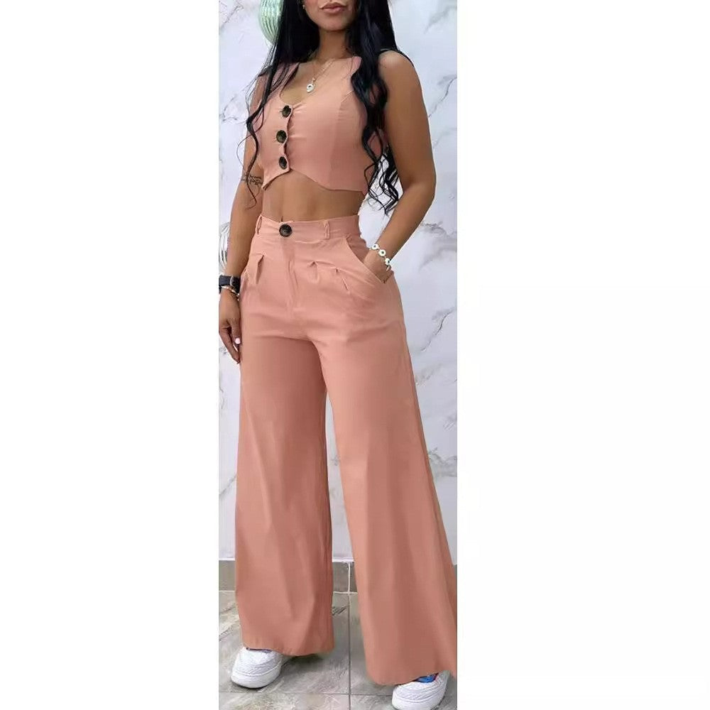 Damen Zweiteiliges Set mit hoch taillierter Hose und knöpfigem Crop-Top R&B