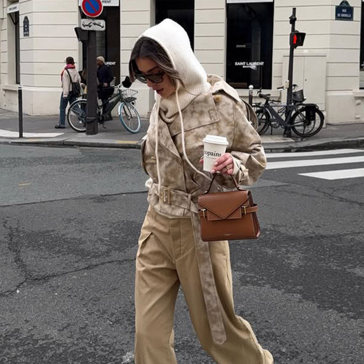 Damen modische Trenchcoat-Jacke mit Gürtel und Kapuze R&B