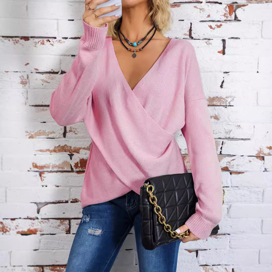 Damen Wickelpullover mit V-Ausschnitt und weitem Schnitt R&B