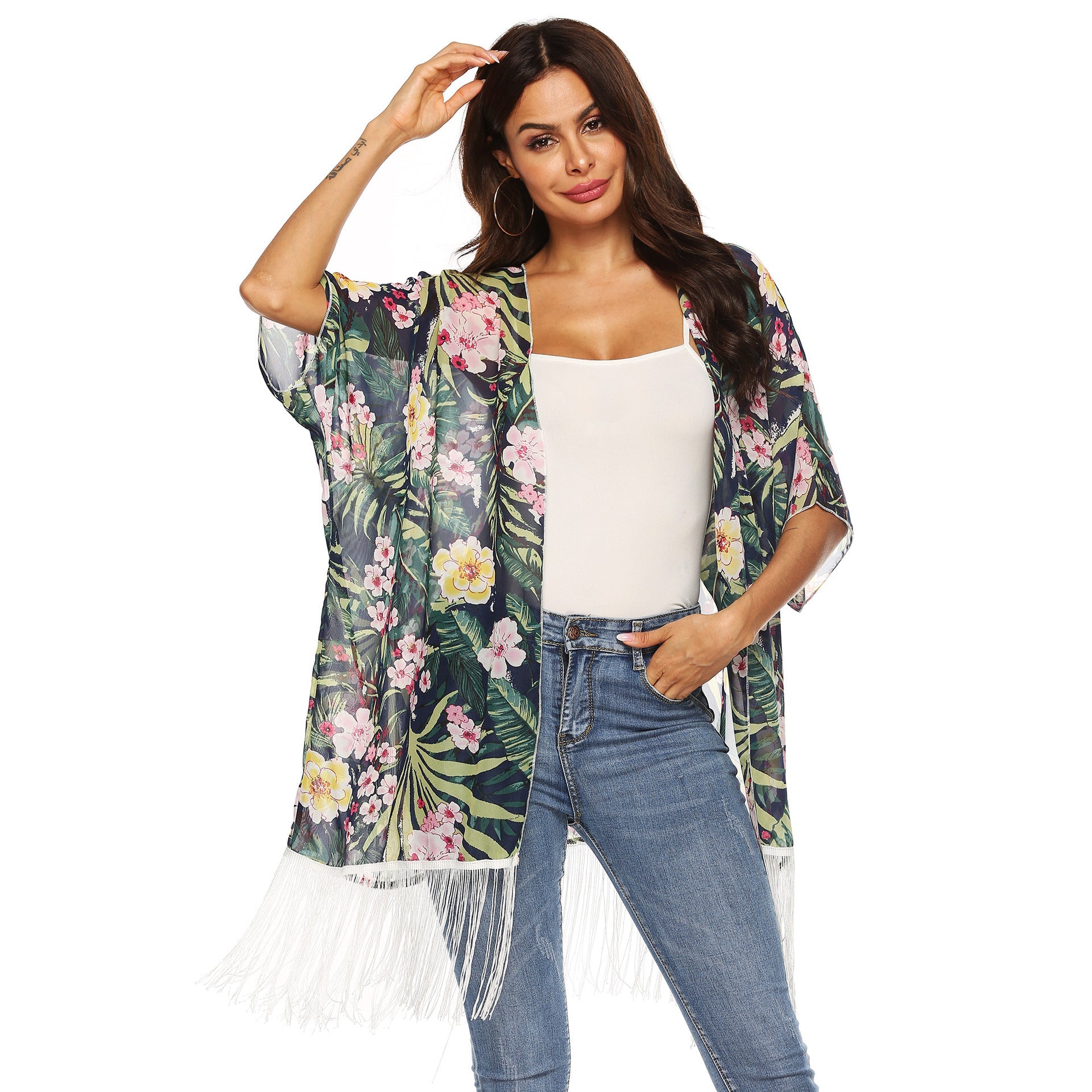 Damen Kimono mit floralem Design und Fransen R&B