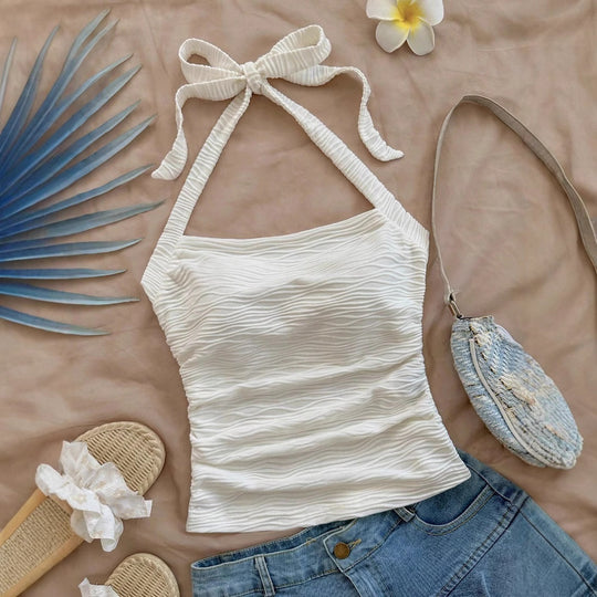 Damen Trägershirt mit dekorativem Knoten und wellenförmigem Design R&B