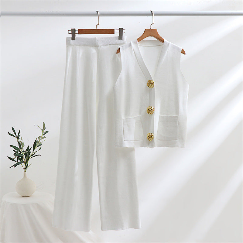 Damen elegantes Strick-Loungewear-Set mit Knopfdetaillierung R&B