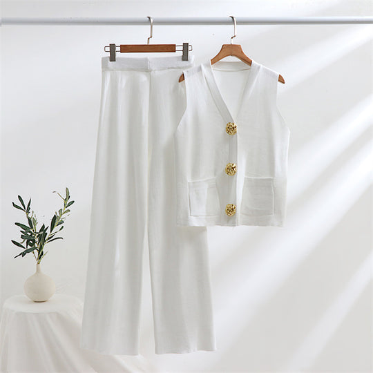 Damen elegantes Strick-Loungewear-Set mit Knopfdetaillierung R&B