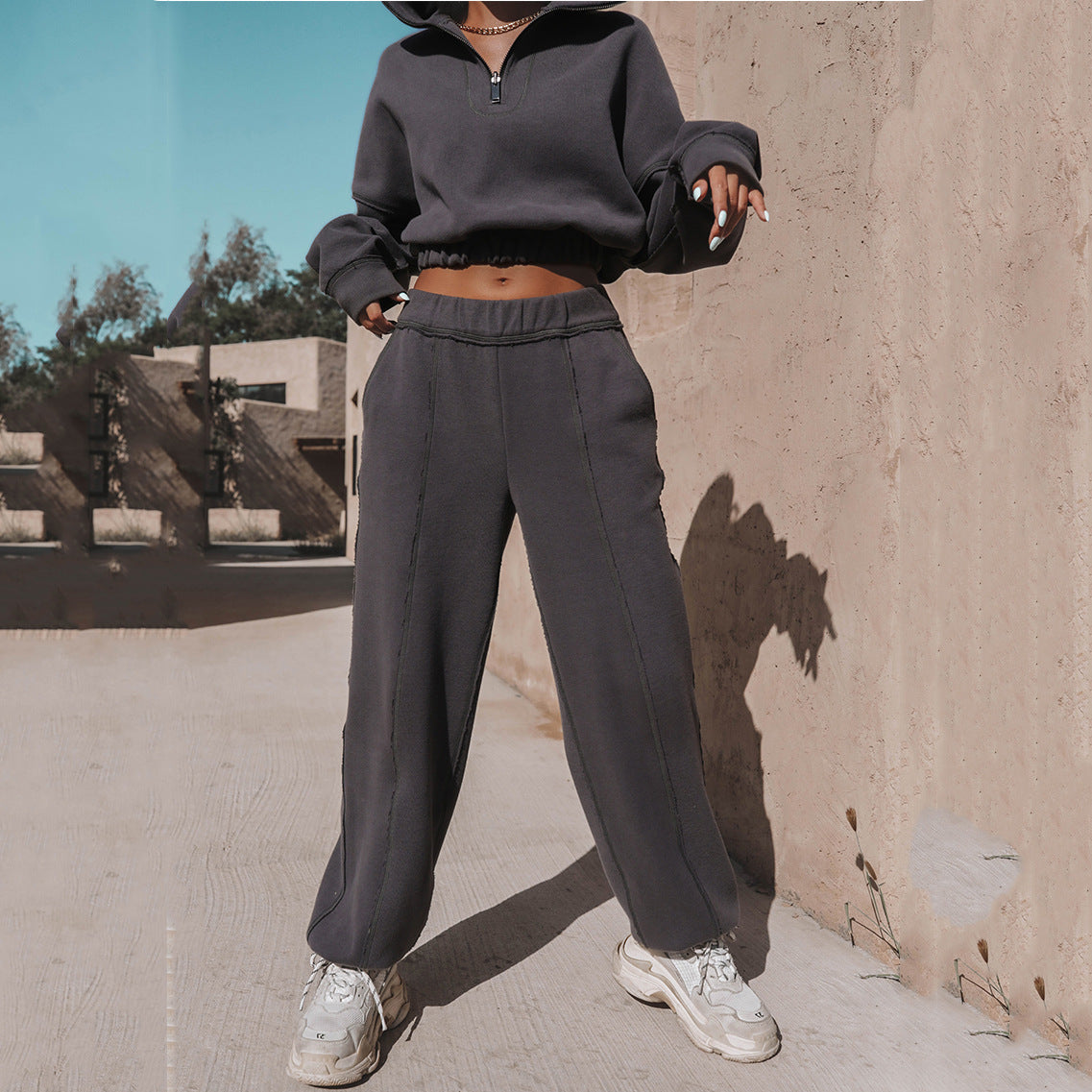 Damen lässiger Hoodie mit Reißverschluss und Rüschensaum R&B