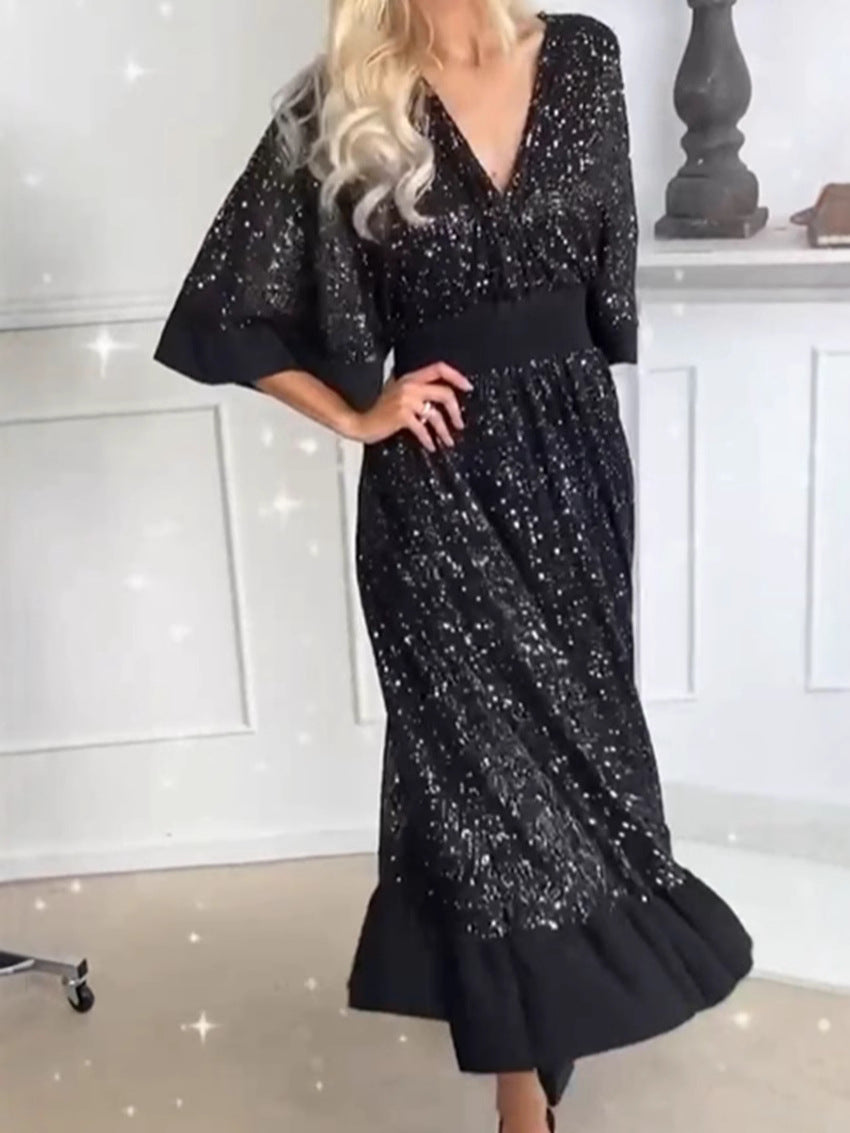 Damen Glitzerndes Maxikleid im eleganten A-Linie Schnitt mit voluminösen Ärmeln Heidi-Mode