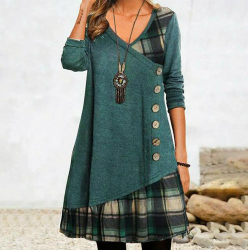 Damen nan asymmetrisches V-Ausschnitt-Tunika-Kleid mit Zierknopfleiste und Animalprint-Besatz R&B