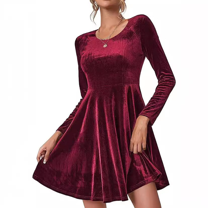 Damen Elegantes Samtkleid mit geschwungenem Saum und langen Ärmeln R&B