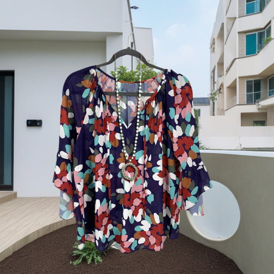 Damen luftige Bluse mit buntem Blumendesign und eleganten Rüsenärmeln R&B