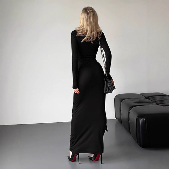 Damen Elegantes Maxikleid mit tiefem V-Ausschnitt und seitlichem Schlitz R&B