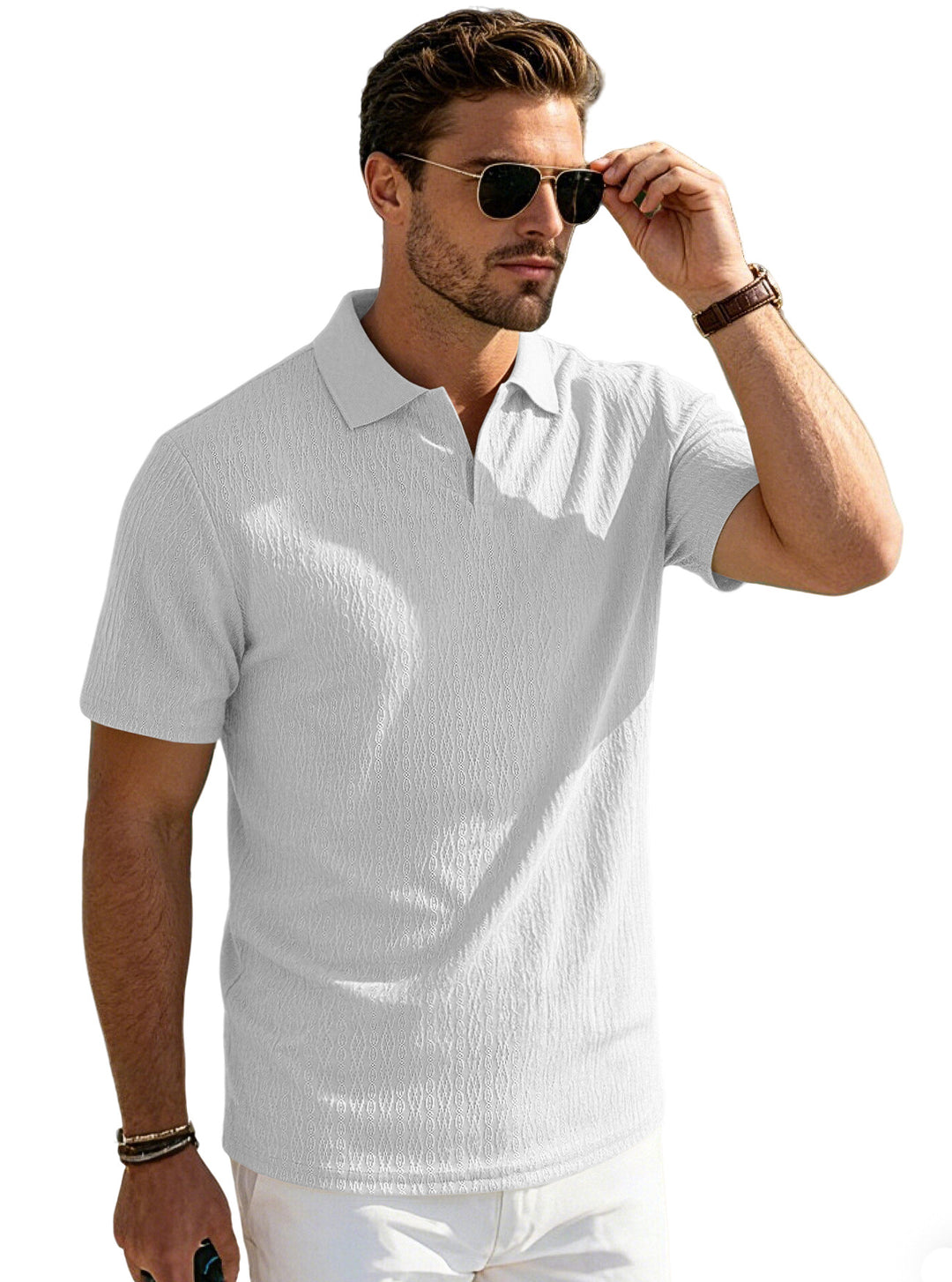 Herren nan elegantes Kurzarm-Polo aus strukturierter Micro-Jacquard-Baumwollmischung mit formstabilem Hemdkragen R&B