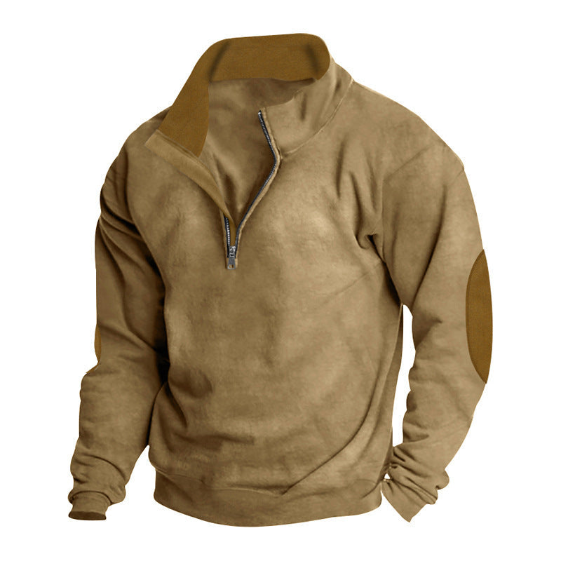 Herren nan Komfort-Pullover mit kurzem Reißverschluss, Stehkragen, verstärkten Ellenbogenbesätzen und angerautem Innenfutter R&B