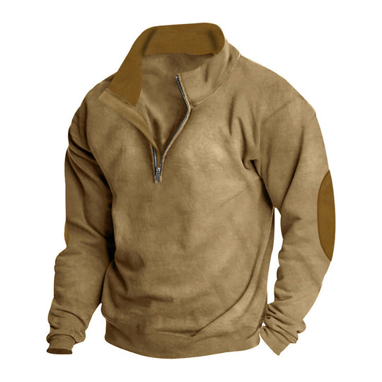 Herren nan Komfort-Pullover mit kurzem Reißverschluss, Stehkragen, verstärkten Ellenbogenbesätzen und angerautem Innenfutter R&B