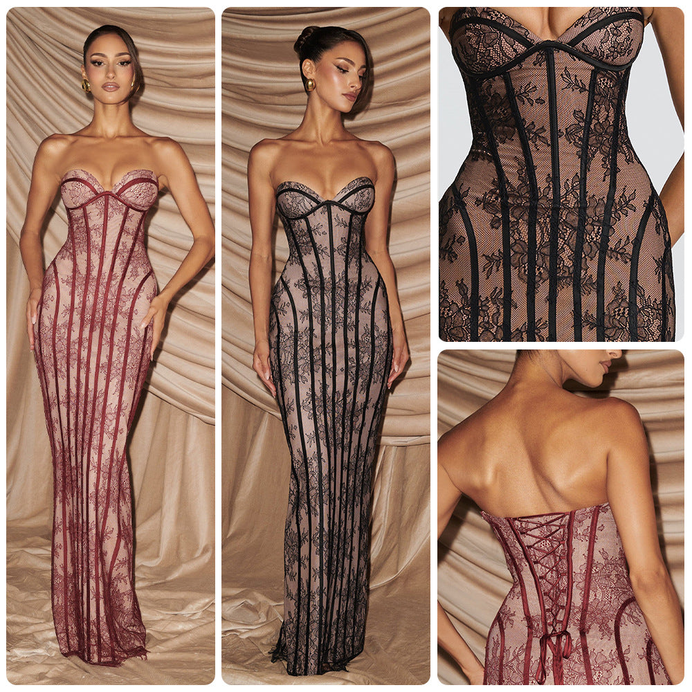 Damen figurbetontes Spitzenkleid mit Bustier-Oberteil und eleganten Details EB