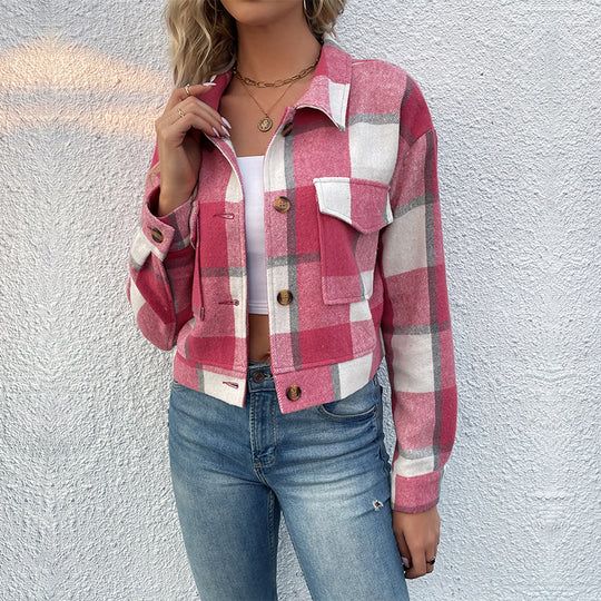 Damen Karierte Denimjacke mit Knöpfen und Brusttaschen R&B