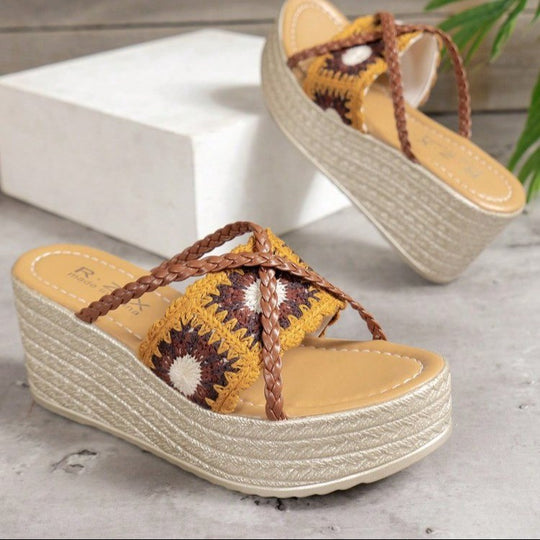 Damen Trendige Keil-Sandalen mit geflochtenem Riemen und komfortablem Fußbett R&B