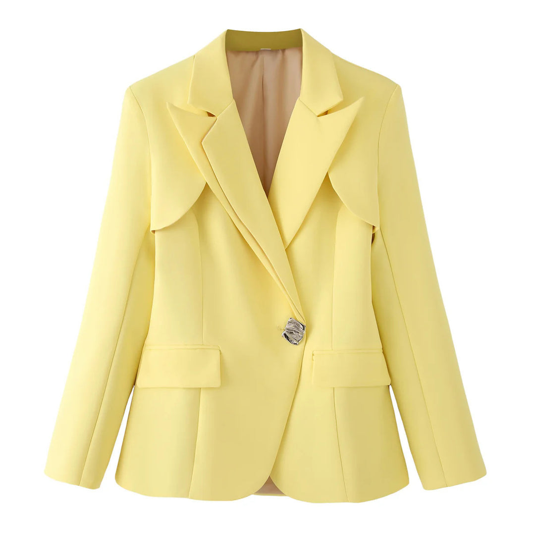 Damen strukturierter Blazer mit eleganten Klappärmel und dekorativem Verschluss R&B