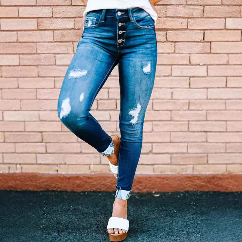 Damen High-Waist Skinny Jeans mit modischen Knopfdetails R&B