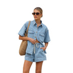 Damen lässige Kurzarm-Jeansbluse mit passender Shorts R&B