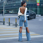 Damen modische Cargo-Jeans mit hohem Schlitz und fransigen Details R&B