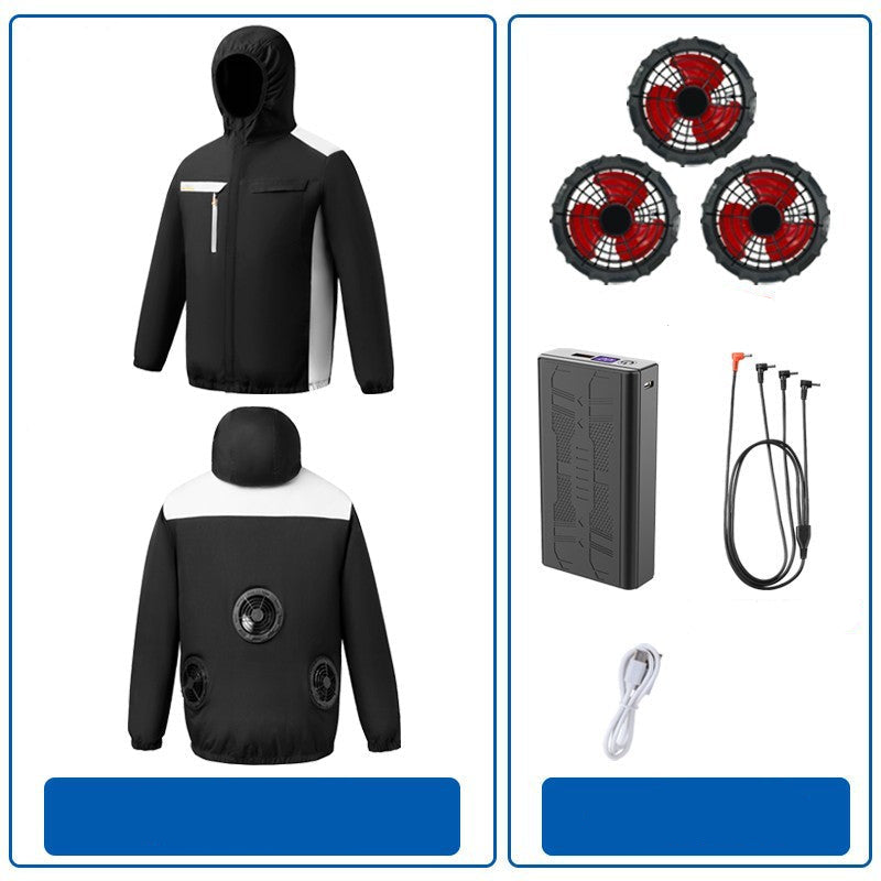 Herren nan belüftete Kühljacke mit mehreren integrierten USB-Lüftern, verstellbarer Kapuze und winddichtem Material R&B