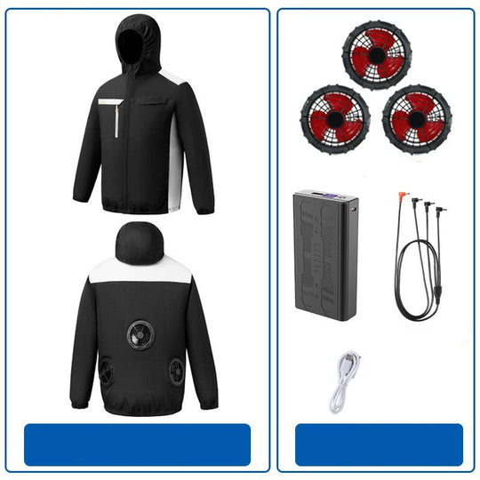 Herren nan belüftete Kühljacke mit mehreren integrierten USB-Lüftern, verstellbarer Kapuze und winddichtem Material R&B