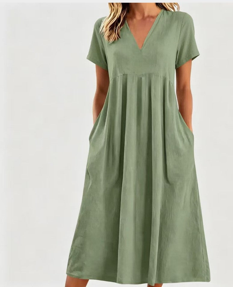 Damen nan legeres V-Ausschnitt-Midikleid mit Eingrifftaschen und geraffter Empirenaht R&B