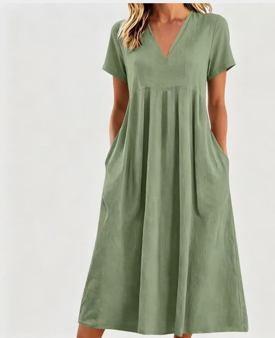 Damen nan legeres V-Ausschnitt-Midikleid mit Eingrifftaschen und geraffter Empirenaht R&B