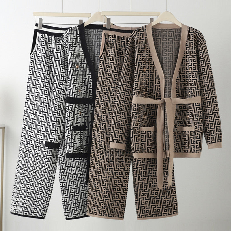 Damen lässiges Strick-Loungewear-Set mit geometrischem Muster R&B