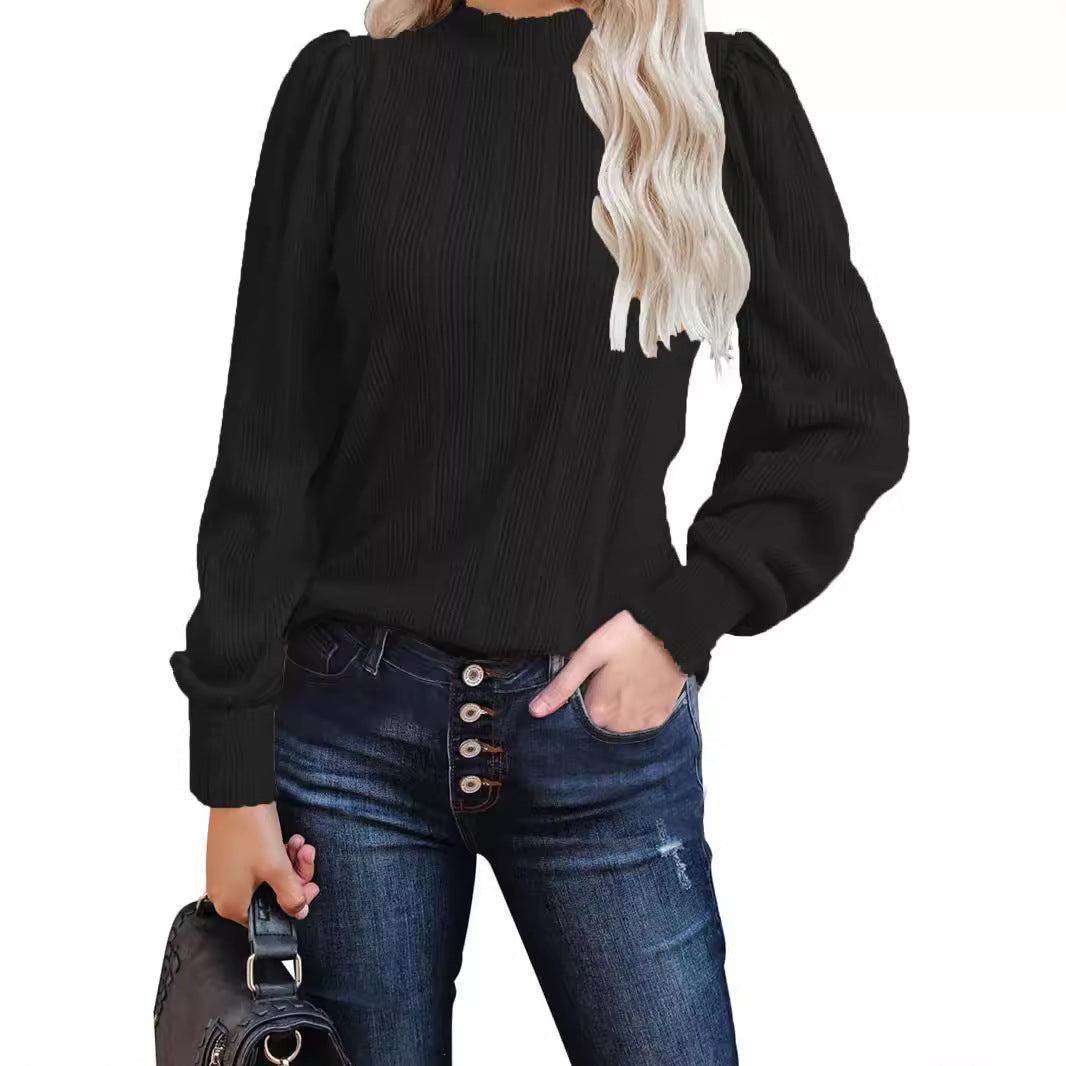 Damen trendiger Pullover mit schmalem Stehkragen und Puffärmeln R&B