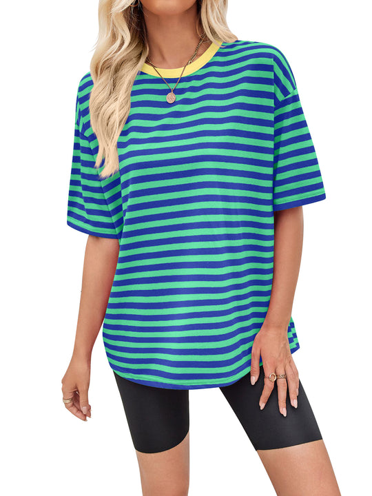 Damen gestreiftes Oversize T-Shirt mit Rundhalsausschnitt und Kontrastdetails R&B