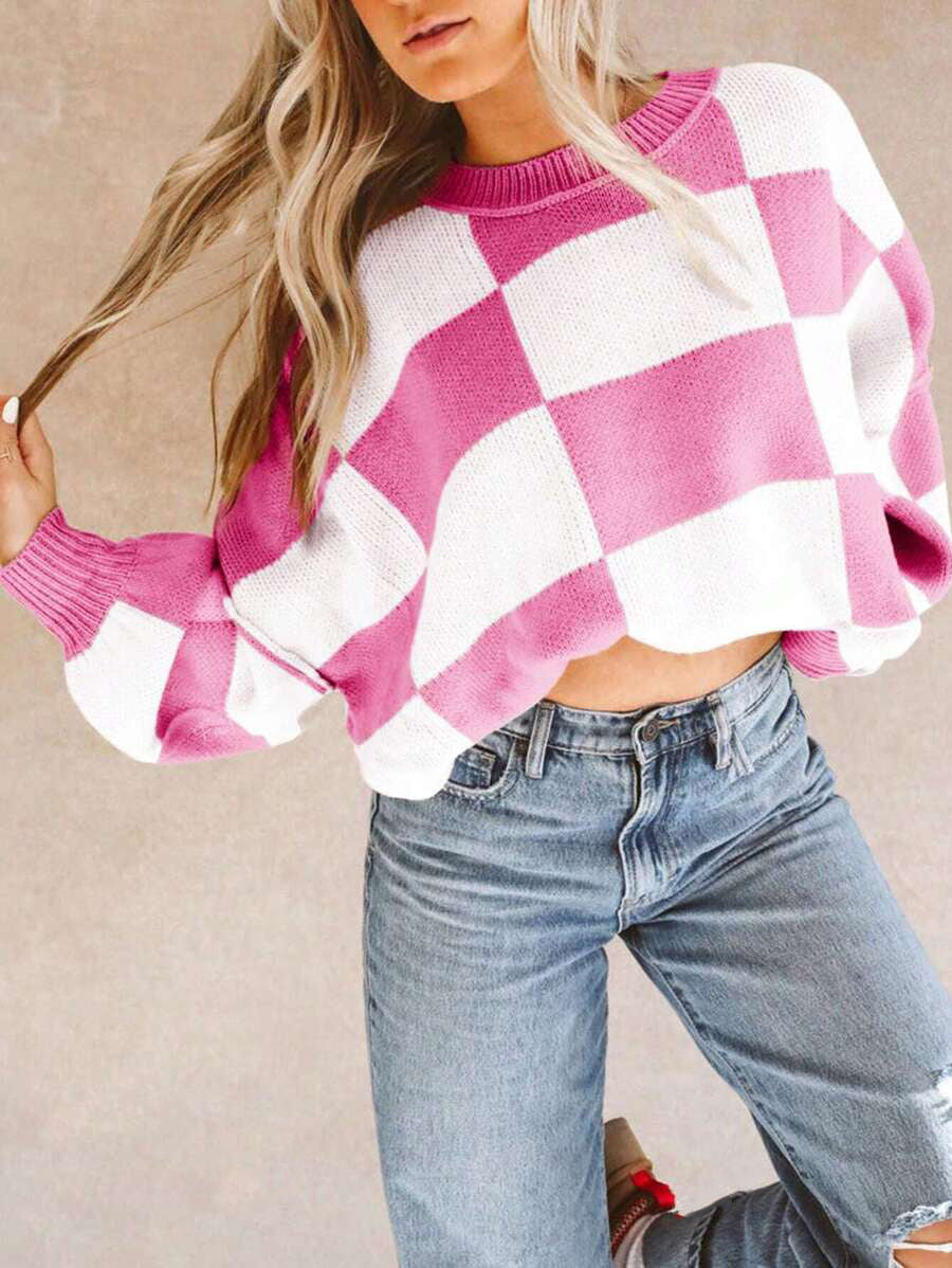 Damen lässiger kariert Pullover mit weiten Ärmeln und Rundhalsausschnitt R&B
