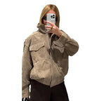 Damen Modische Oversized-Wildlederjacke mit praktischen Taschen und hohem Kragen R&B