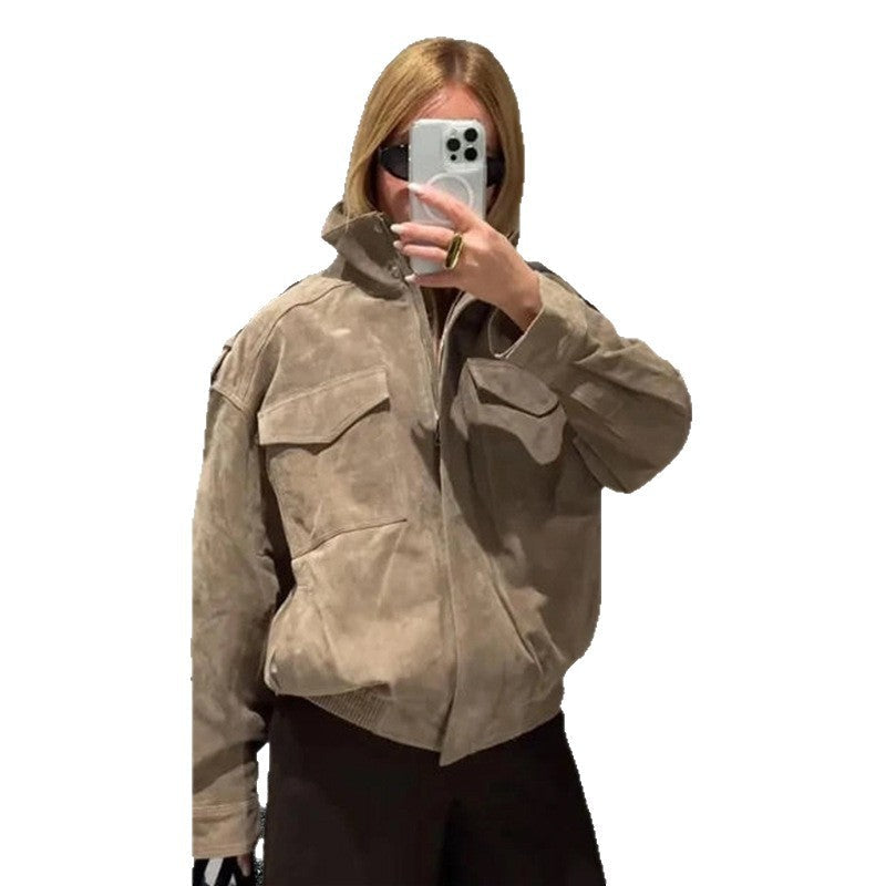 Damen Modische Oversized-Wildlederjacke mit praktischen Taschen und hohem Kragen R&B